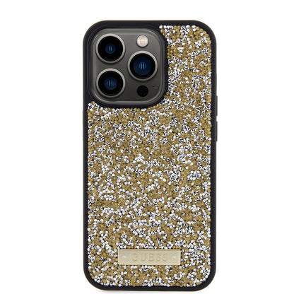 iPhone 15 Pro Kılıf Guess Orjinal Lisanslı Taşlı Arka Yüzey Metal Yazı Logolu Kılıf