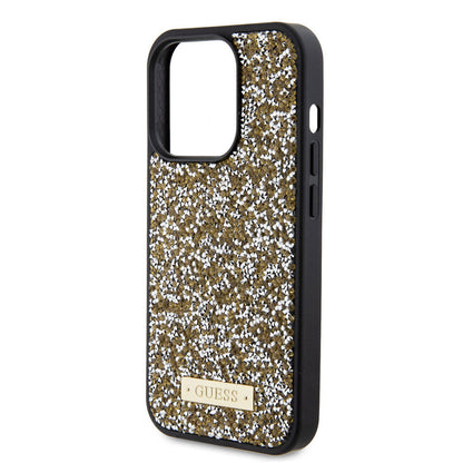 iPhone 15 Pro Kılıf Guess Orjinal Lisanslı Taşlı Arka Yüzey Metal Yazı Logolu Kılıf