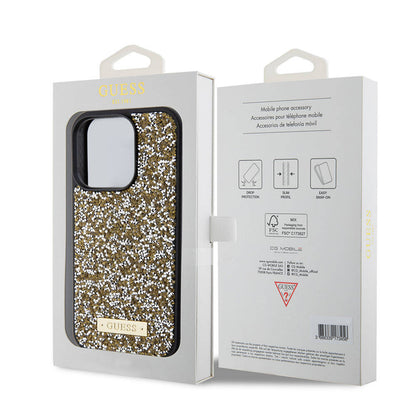 iPhone 15 Pro Kılıf Guess Orjinal Lisanslı Taşlı Arka Yüzey Metal Yazı Logolu Kılıf