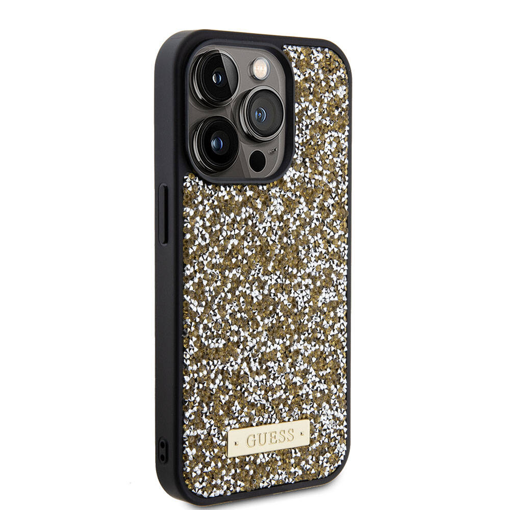 iPhone 15 Pro Kılıf Guess Orjinal Lisanslı Taşlı Arka Yüzey Metal Yazı Logolu Kılıf