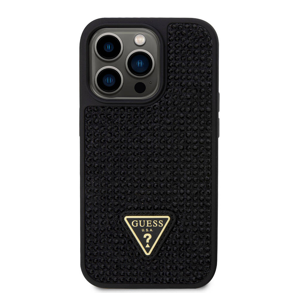 iPhone 15 Pro Kılıf Guess Orjinal Lisanslı Taşlı Arka Yüzey Üçgen Logolu Kılıf