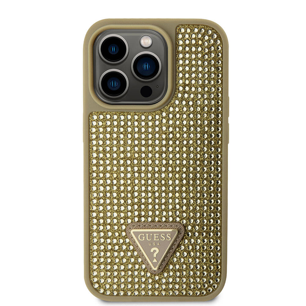 iPhone 15 Pro Kılıf Guess Orjinal Lisanslı Taşlı Arka Yüzey Üçgen Logolu Kılıf
