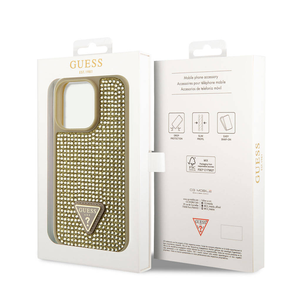 iPhone 15 Pro Kılıf Guess Orjinal Lisanslı Taşlı Arka Yüzey Üçgen Logolu Kılıf