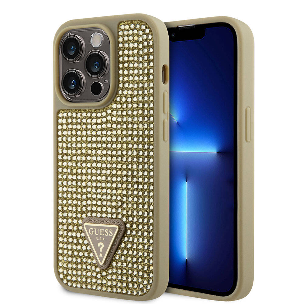 iPhone 15 Pro Kılıf Guess Orjinal Lisanslı Taşlı Arka Yüzey Üçgen Logolu Kılıf
