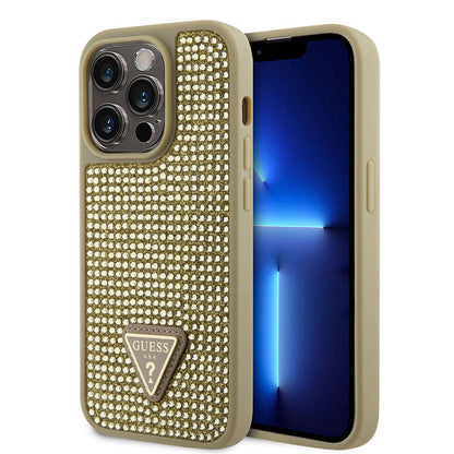 iPhone 15 Pro Kılıf Guess Orjinal Lisanslı Taşlı Arka Yüzey Üçgen Logolu Kılıf