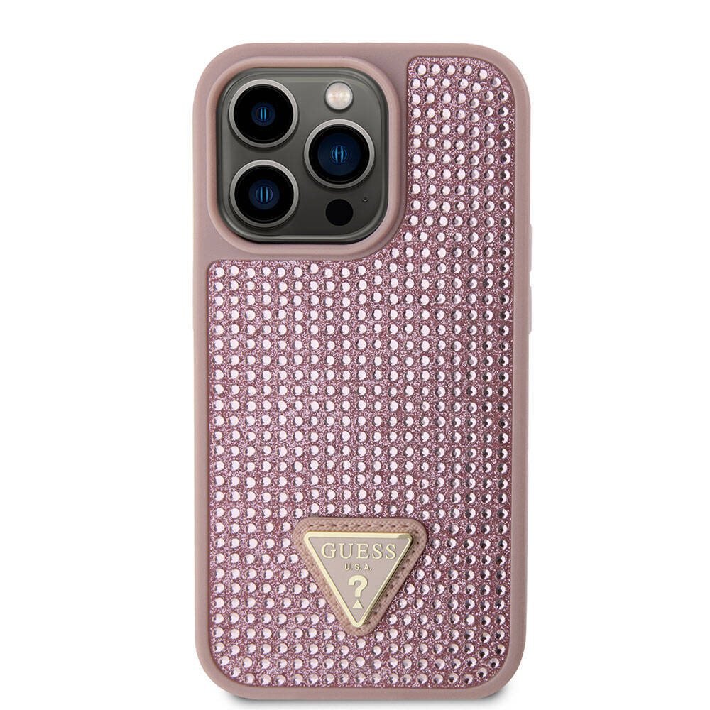 iPhone 15 Pro Kılıf Guess Orjinal Lisanslı Taşlı Arka Yüzey Üçgen Logolu Kılıf