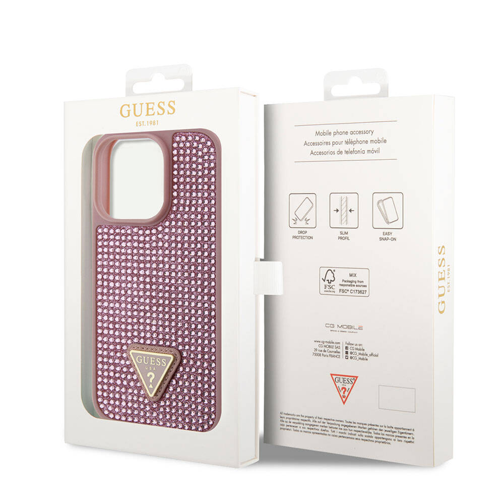 iPhone 15 Pro Kılıf Guess Orjinal Lisanslı Taşlı Arka Yüzey Üçgen Logolu Kılıf