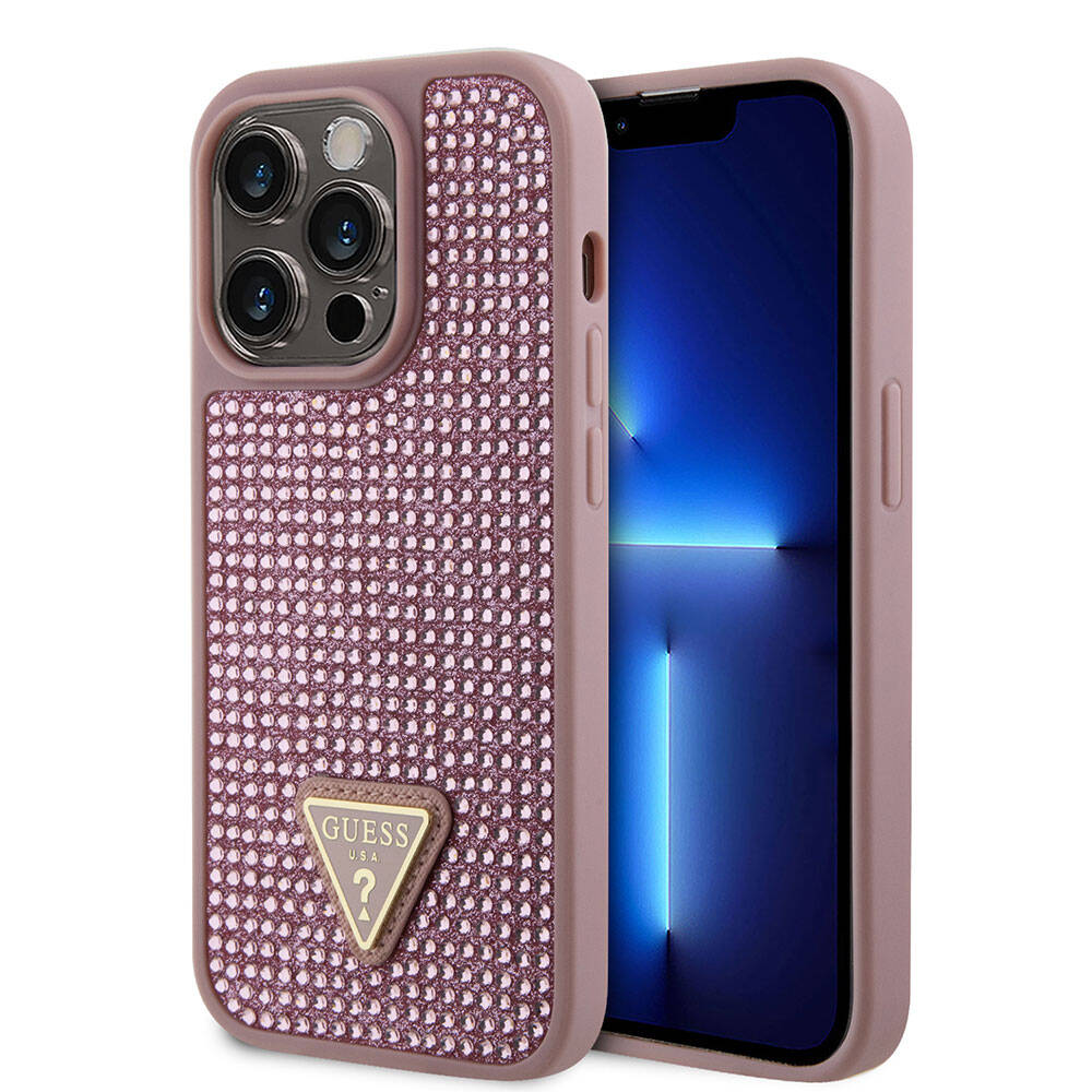 iPhone 15 Pro Kılıf Guess Orjinal Lisanslı Taşlı Arka Yüzey Üçgen Logolu Kılıf