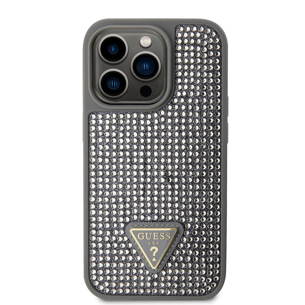 iPhone 15 Pro Kılıf Guess Orjinal Lisanslı Taşlı Arka Yüzey Üçgen Logolu Kılıf