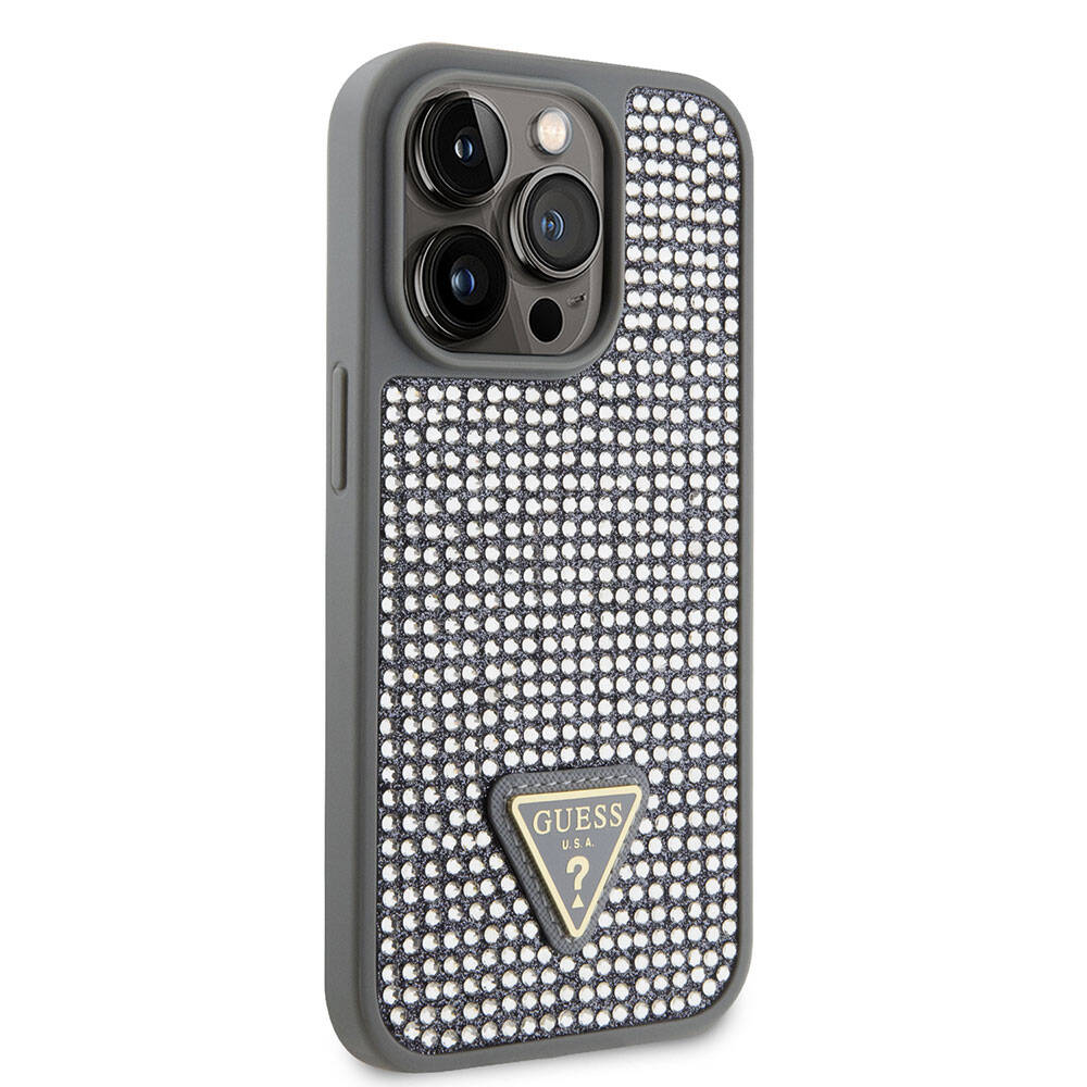 iPhone 15 Pro Kılıf Guess Orjinal Lisanslı Taşlı Arka Yüzey Üçgen Logolu Kılıf