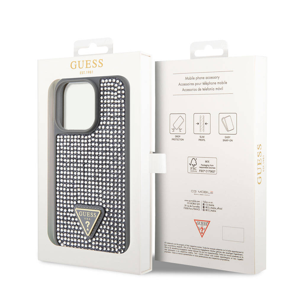 iPhone 15 Pro Kılıf Guess Orjinal Lisanslı Taşlı Arka Yüzey Üçgen Logolu Kılıf