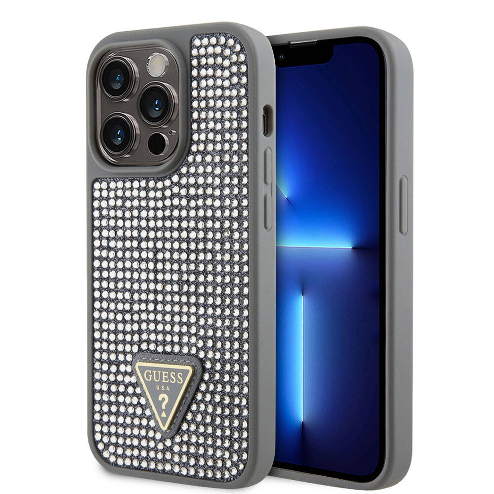 iPhone 15 Pro Kılıf Guess Orjinal Lisanslı Taşlı Arka Yüzey Üçgen Logolu Kılıf