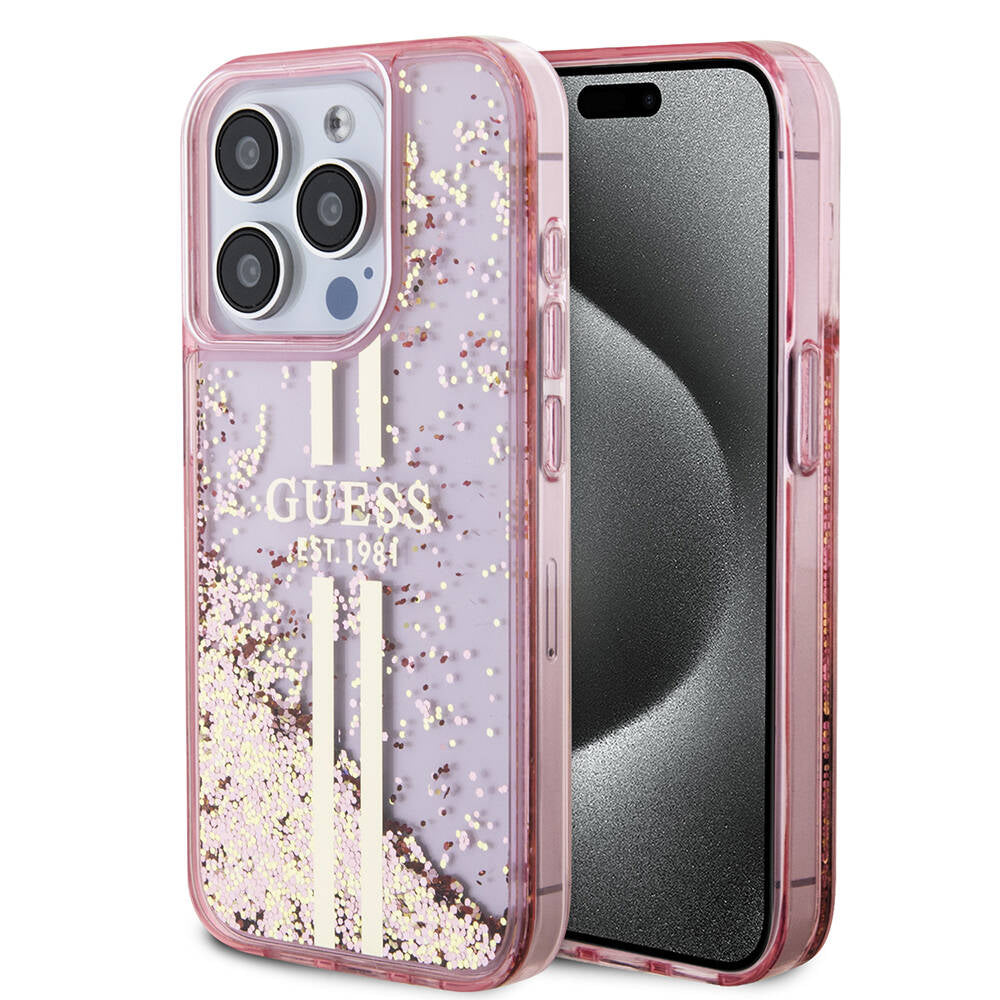 Apple iPhone 15 Pro Kılıf Guess Orjinal Lisanslı Transparan Sıvılı Simli Altın Çizgili Kapak Mor