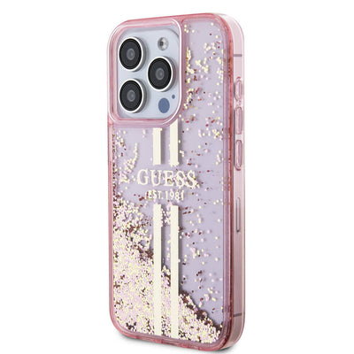 Apple iPhone 15 Pro Kılıf Guess Orjinal Lisanslı Transparan Sıvılı Simli Altın Çizgili Kapak Mor