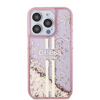 Apple iPhone 15 Pro Kılıf Guess Orjinal Lisanslı Transparan Sıvılı Simli Altın Çizgili Kapak Mor