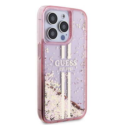 Apple iPhone 15 Pro Kılıf Guess Orjinal Lisanslı Transparan Sıvılı Simli Altın Çizgili Kapak Mor