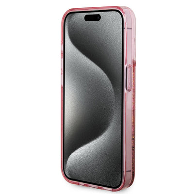Apple iPhone 15 Pro Kılıf Guess Orjinal Lisanslı Transparan Sıvılı Simli Altın Çizgili Kapak Mor