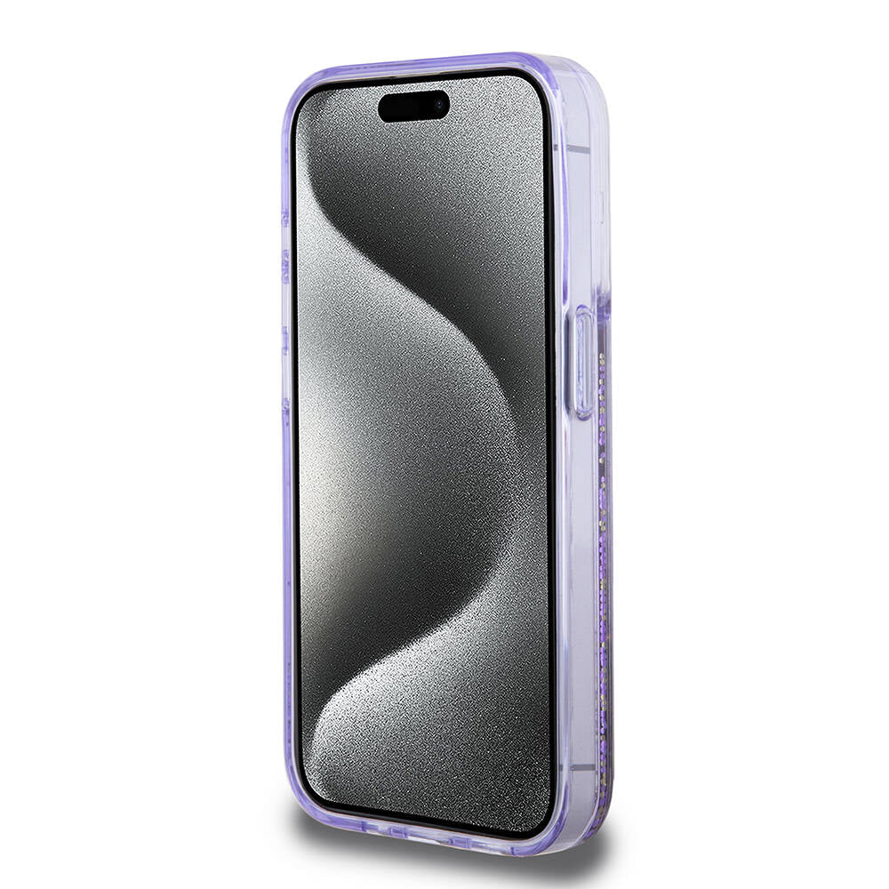 Apple iPhone 15 Pro Kılıf Guess Orjinal Lisanslı Transparan Sıvılı Simli Altın Çizgili Kapak Mor