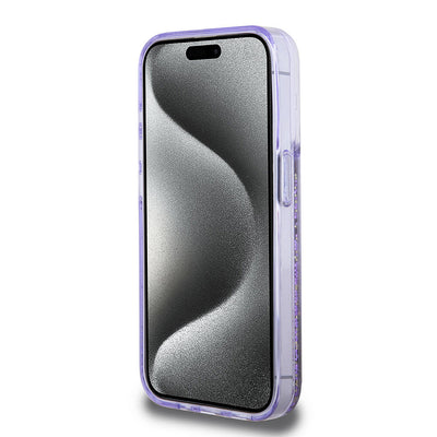 Apple iPhone 15 Pro Kılıf Guess Orjinal Lisanslı Transparan Sıvılı Simli Altın Çizgili Kapak Mor