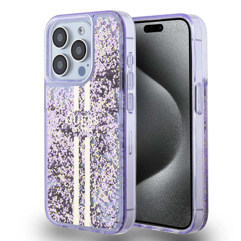 iPhone 15 Pro Kılıf Guess Orjinal Lisanslı Transparan Sıvılı Simli Altın Çizgili Kılıf