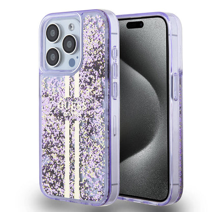 iPhone 15 Pro Kılıf Guess Orjinal Lisanslı Transparan Sıvılı Simli Altın Çizgili Kılıf