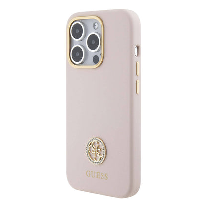 iPhone 15 Pro Kılıf Guess Orjinal Lisanslı Yazı ve Taşlı 4G Logolu Metal Kamera Çerçeveli Silikon Kılıf