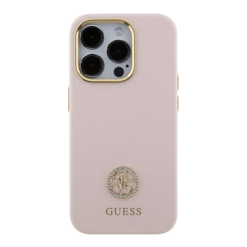 iPhone 15 Pro Kılıf Guess Orjinal Lisanslı Yazı ve Taşlı 4G Logolu Metal Kamera Çerçeveli Silikon Kılıf