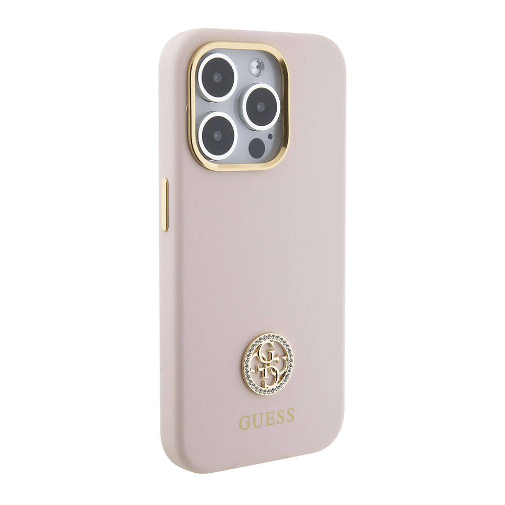 iPhone 15 Pro Kılıf Guess Orjinal Lisanslı Yazı ve Taşlı 4G Logolu Metal Kamera Çerçeveli Silikon Kılıf