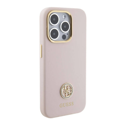 iPhone 15 Pro Kılıf Guess Orjinal Lisanslı Yazı ve Taşlı 4G Logolu Metal Kamera Çerçeveli Silikon Kılıf