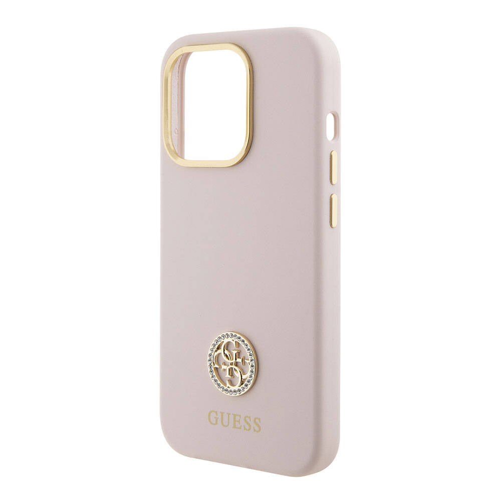 iPhone 15 Pro Kılıf Guess Orjinal Lisanslı Yazı ve Taşlı 4G Logolu Metal Kamera Çerçeveli Silikon Kılıf