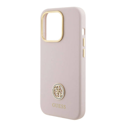 iPhone 15 Pro Kılıf Guess Orjinal Lisanslı Yazı ve Taşlı 4G Logolu Metal Kamera Çerçeveli Silikon Kılıf
