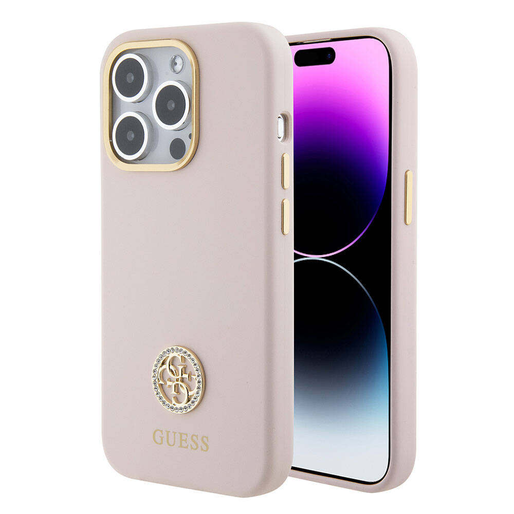 iPhone 15 Pro Kılıf Guess Orjinal Lisanslı Yazı ve Taşlı 4G Logolu Metal Kamera Çerçeveli Silikon Kılıf