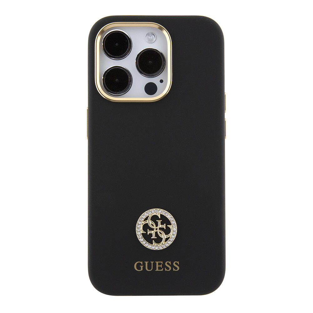 iPhone 15 Pro Kılıf Guess Orjinal Lisanslı Yazı ve Taşlı 4G Logolu Metal Kamera Çerçeveli Silikon Kılıf