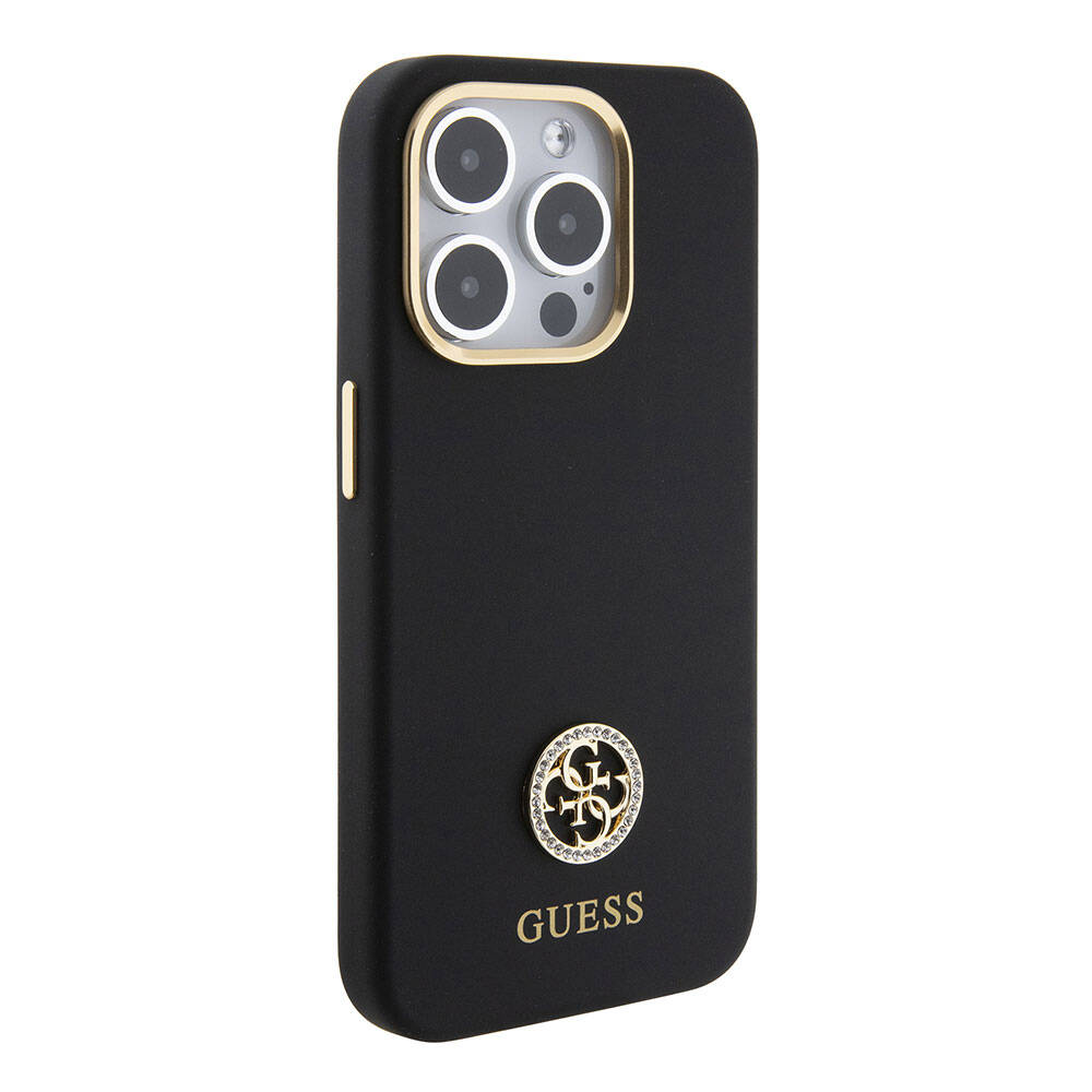 iPhone 15 Pro Kılıf Guess Orjinal Lisanslı Yazı ve Taşlı 4G Logolu Metal Kamera Çerçeveli Silikon Kılıf