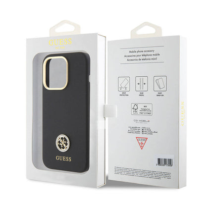 iPhone 15 Pro Kılıf Guess Orjinal Lisanslı Yazı ve Taşlı 4G Logolu Metal Kamera Çerçeveli Silikon Kılıf