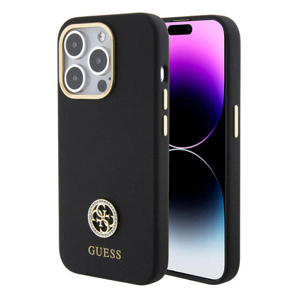 iPhone 15 Pro Kılıf Guess Orjinal Lisanslı Yazı ve Taşlı 4G Logolu Metal Kamera Çerçeveli Silikon Kılıf