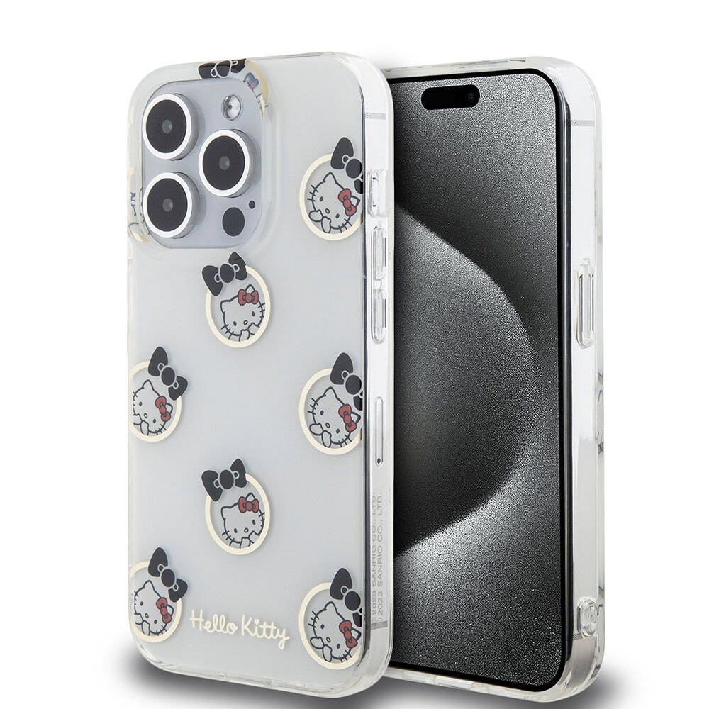 Apple iPhone 15 Pro Kılıf Hello Kitty Orjinal Lisanslı Elektroplating Kaplama Kabarcık Baskılı Kapak Siyah