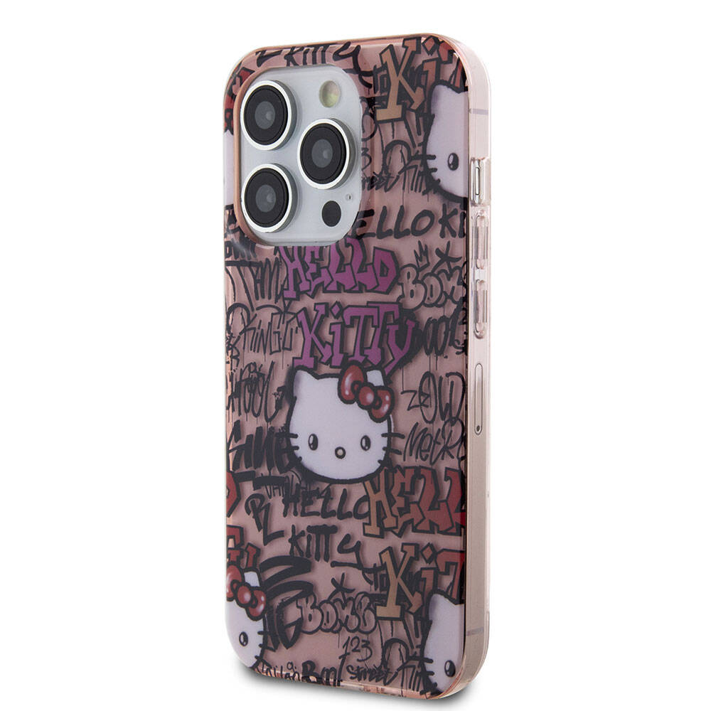 Apple iPhone 15 Pro Kılıf Hello Kitty Orjinal Lisanslı İkonik Logolu Etiket Graffiti Kapak