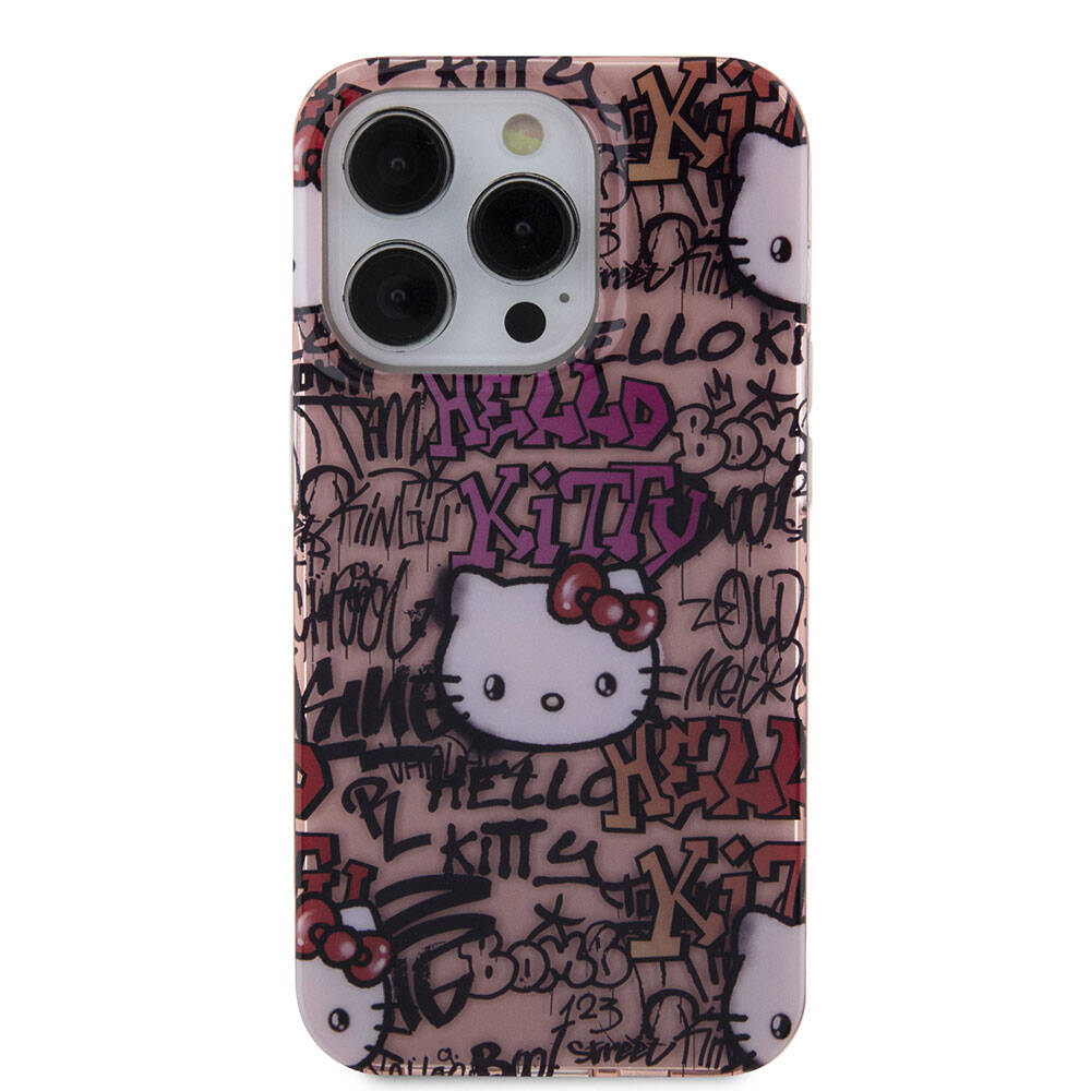 Apple iPhone 15 Pro Kılıf Hello Kitty Orjinal Lisanslı İkonik Logolu Etiket Graffiti Kapak