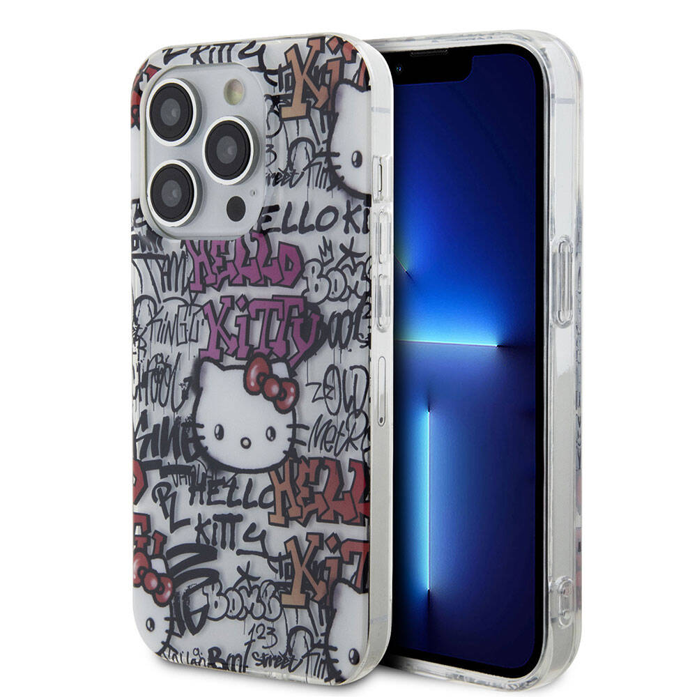 Apple iPhone 15 Pro Kılıf Hello Kitty Orjinal Lisanslı İkonik Logolu Etiket Graffiti Kapak