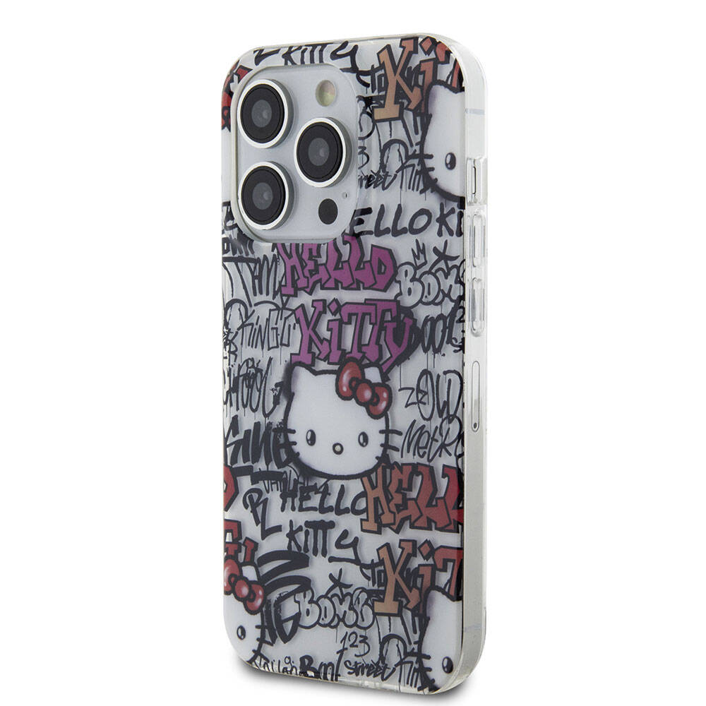 Apple iPhone 15 Pro Kılıf Hello Kitty Orjinal Lisanslı İkonik Logolu Etiket Graffiti Kapak