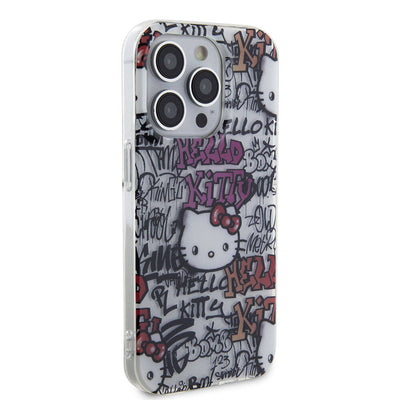Apple iPhone 15 Pro Kılıf Hello Kitty Orjinal Lisanslı İkonik Logolu Etiket Graffiti Kapak Beyaz