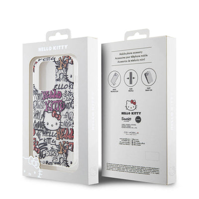 Apple iPhone 15 Pro Kılıf Hello Kitty Orjinal Lisanslı İkonik Logolu Etiket Graffiti Kapak Beyaz
