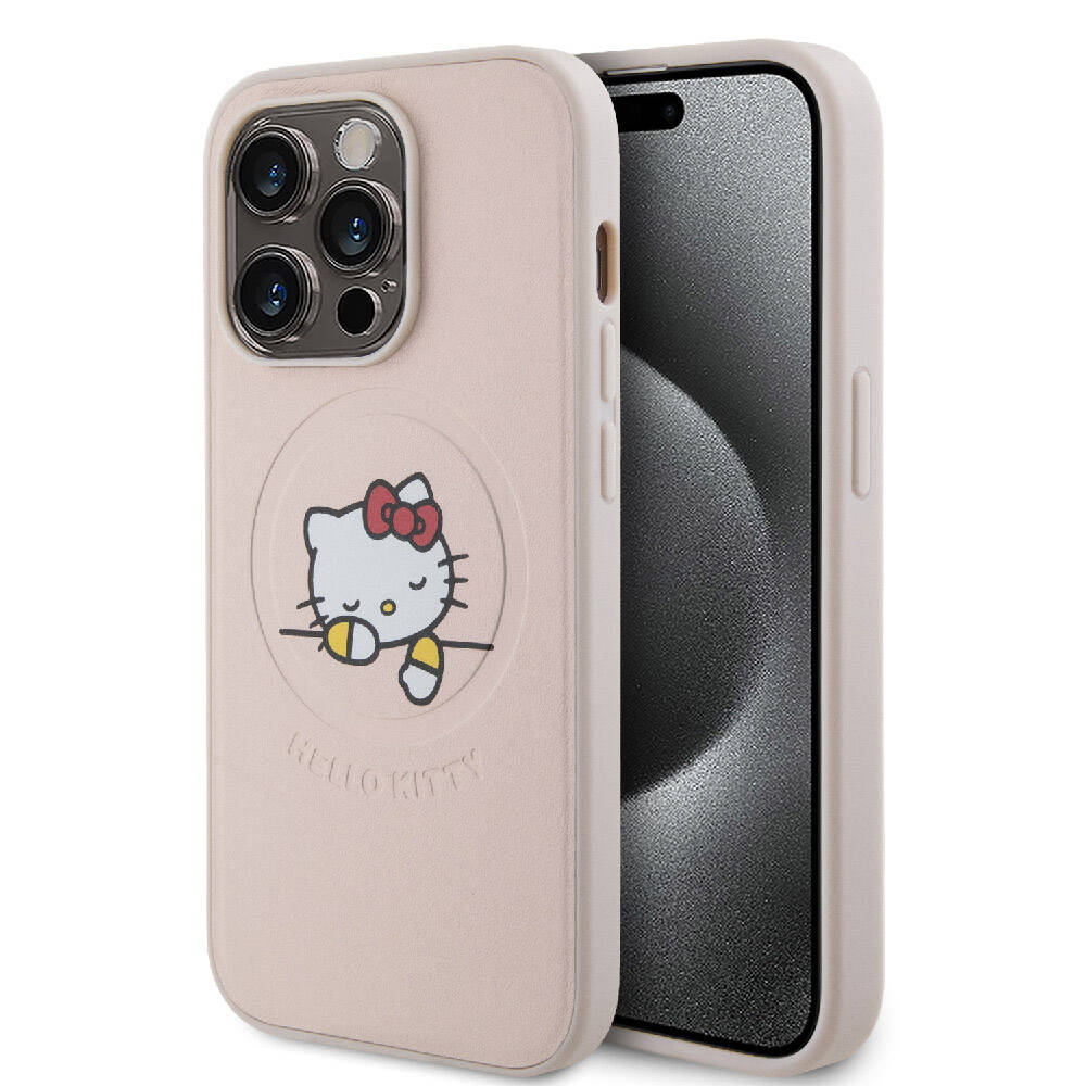 Apple iPhone 15 Pro Kılıf Hello Kitty Orjinal Lisanslı Magsafe Şarj Özellikli Baskı Logolu Uyuyan Kitty Deri Kapak Gümüş