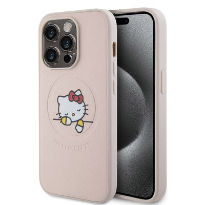 Apple iPhone 15 Pro Kılıf Hello Kitty Orjinal Lisanslı Magsafe Şarj Özellikli Baskı Logolu Uyuyan Kitty Deri Kapak Gümüş