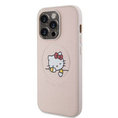 Apple iPhone 15 Pro Kılıf Hello Kitty Orjinal Lisanslı Magsafe Şarj Özellikli Baskı Logolu Uyuyan Kitty Deri Kapak Gümüş