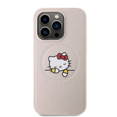 Apple iPhone 15 Pro Kılıf Hello Kitty Orjinal Lisanslı Magsafe Şarj Özellikli Baskı Logolu Uyuyan Kitty Deri Kapak Gümüş