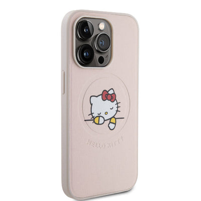 Apple iPhone 15 Pro Kılıf Hello Kitty Orjinal Lisanslı Magsafe Şarj Özellikli Baskı Logolu Uyuyan Kitty Deri Kapak Gümüş