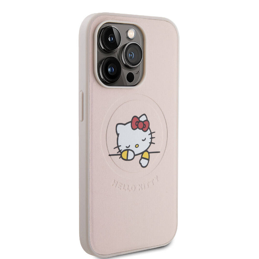 Apple iPhone 15 Pro Kılıf Hello Kitty Orjinal Lisanslı Magsafe Şarj Özellikli Baskı Logolu Uyuyan Kitty Deri Kapak Pembe