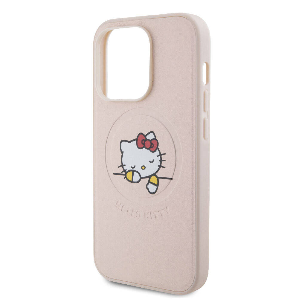 iPhone 15 Pro Kılıf Hello Kitty Orjinal Lisanslı M-safe Şarj Özellikli Baskı Logolu Uyuyan Kitty Deri Kılıf